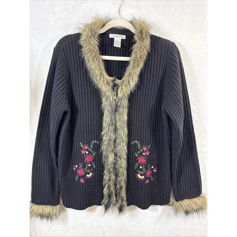 Preston & York Womens Black Sweater Cardigan Faux Fur Collar L embroidered